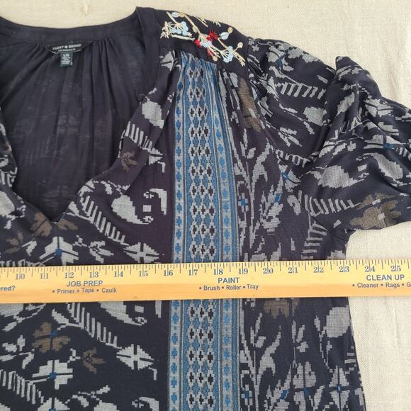 Lucky Brand Long Sleeve Tunic Top Embroidered Geometric Boho Hippie Size L - Picture 11 of 12